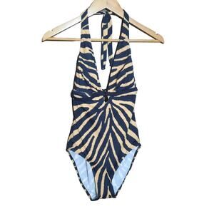 Roxanne Womens Tiger Print Halter Style One Piece Swimsuit Size 10 34D